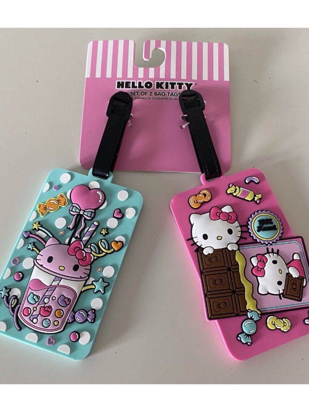 Set Of 2 Sanrio HELLO KITTY Rubber Candy Kawaii BACKPACK LUGGAGE BAG TAGS NEW